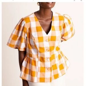 ELOQUII Yellow Plaid Peplum Top with Buttons Size 28